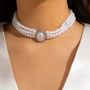 Multilayer Beaded Faux Gemstone & Pearl Choker Necklace